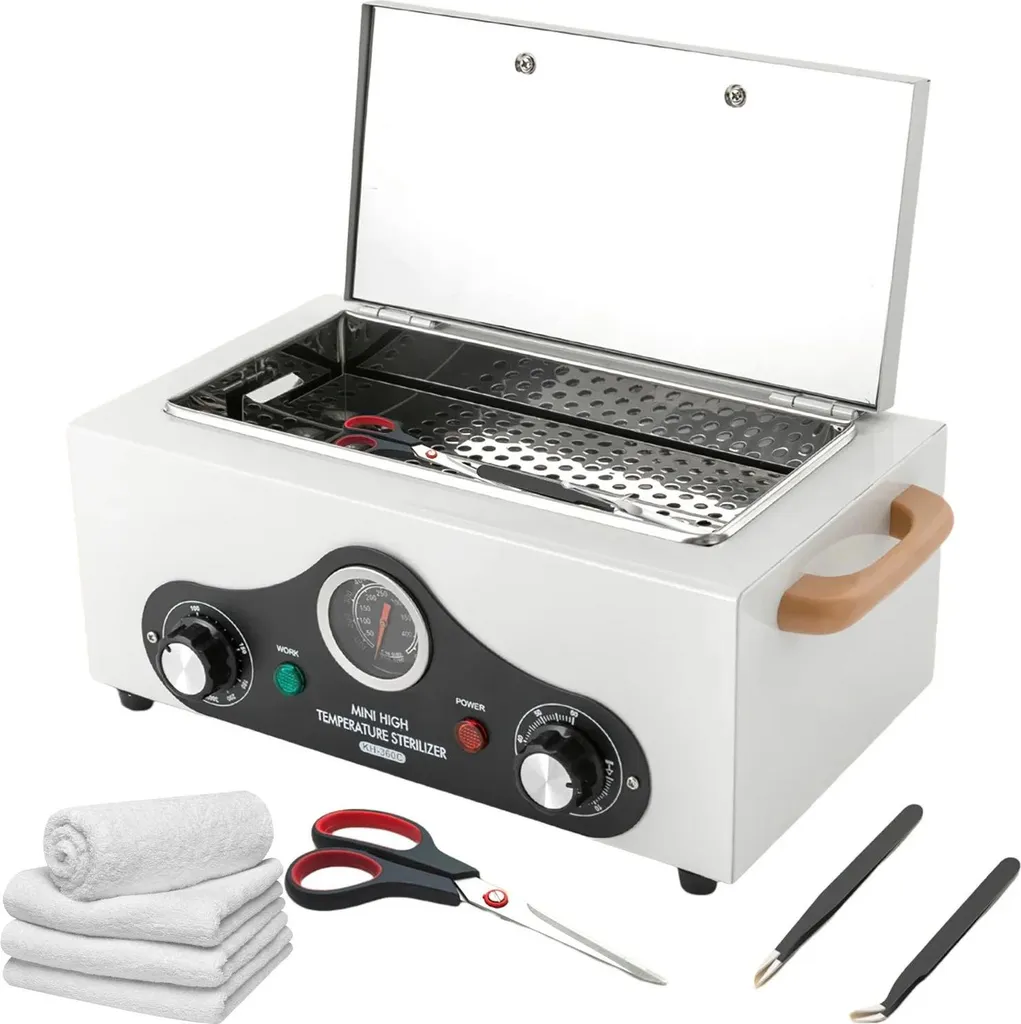 Box sterilizzatore - Armadietto di disinfezione ad aria calda per strumenti - Sterilizzazione a 360° - 2,2 l - 300 °C - Timer 0-60 min - 220 V - Bianco