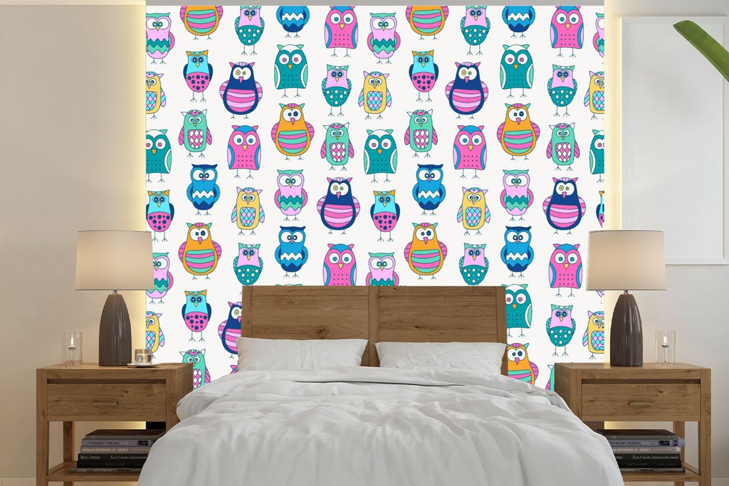 MuchoWow Fototapete für Wohnzimmer oder Schlafzimmer Wandtapete Vinyl Motivtapete Regenbogen - Eule - Cartoon - 350x350 cm - Schlafzimmertapete