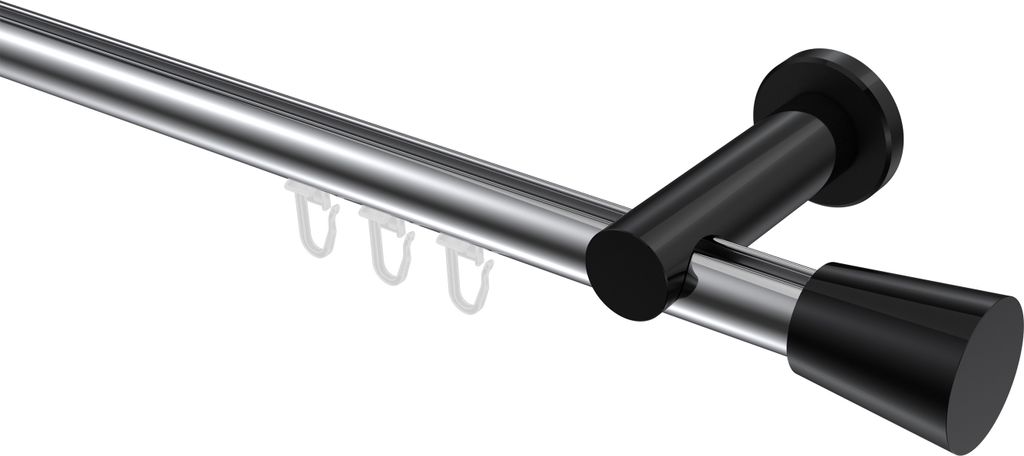 Interdeco Innenlaufstange / Gardinenstange mit Innenlauf Chrom / Schwarz, Typ Platon Sitra (Konus), 20 mm Ø 1-läufig, 160 cm