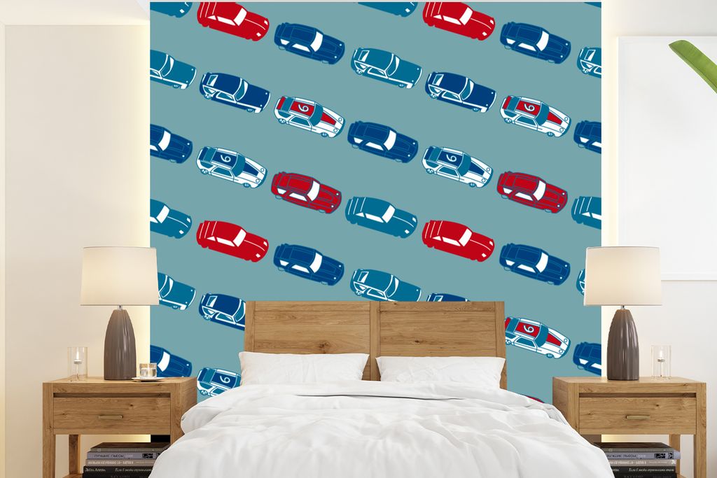 MuchoWow Fototapete für Wohnzimmer oder Schlafzimmer Wandtapete Vinyl Motivtapete Muster - Auto - Rennen - Jungen - Kinder - Kind - 240x260 cm -...