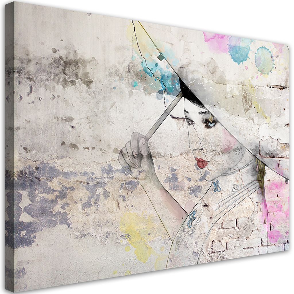 Leinwandbild Geisha mit Regenschirm 90x60 Feeby Rosa bild für die wand bereit zum aufhängen
