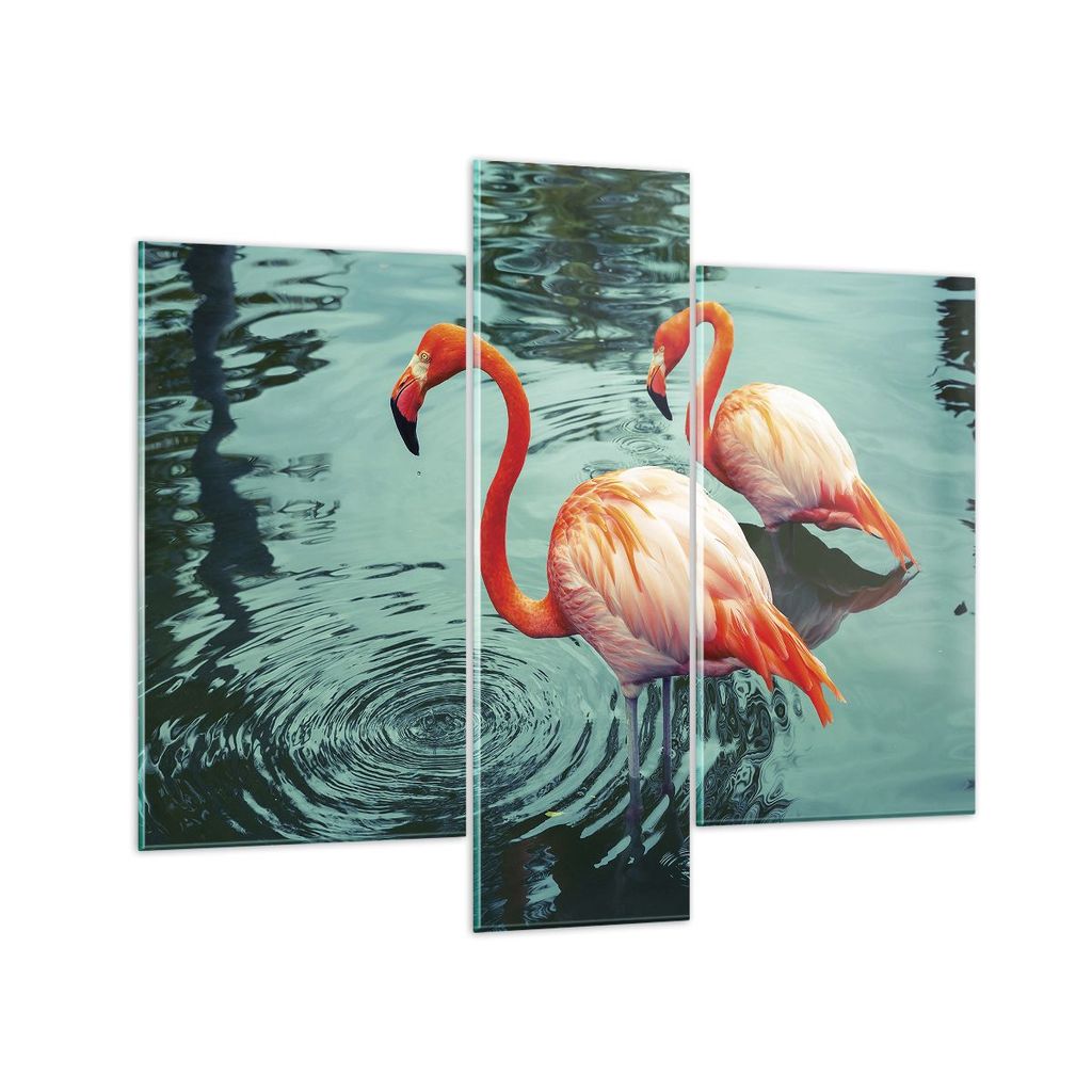 Bilder auf glas - 3 Teile - Rosa Flamingos Wasser - 95x80cm - Glasbilder - Wandbilder - Bilder - zum Aufhängen bereit - Wanddekoration aus Glas - ...