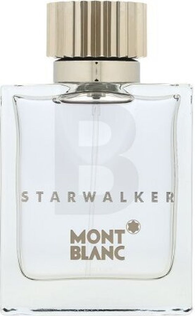 A clear, front-facing studio shot of a Mont Blanc Starwalker perfume bottle.