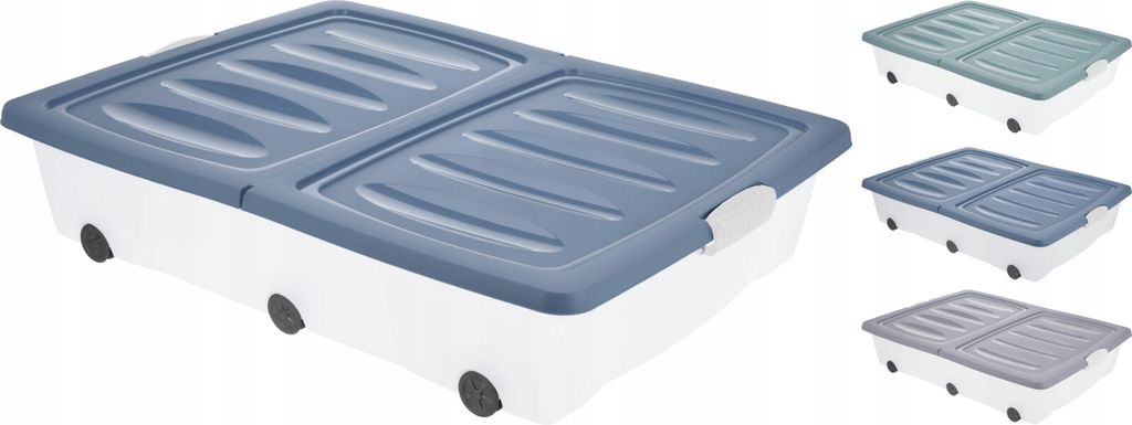 A main product image showing a storage box with wheels, and smaller inset images showing the same box in different colors.