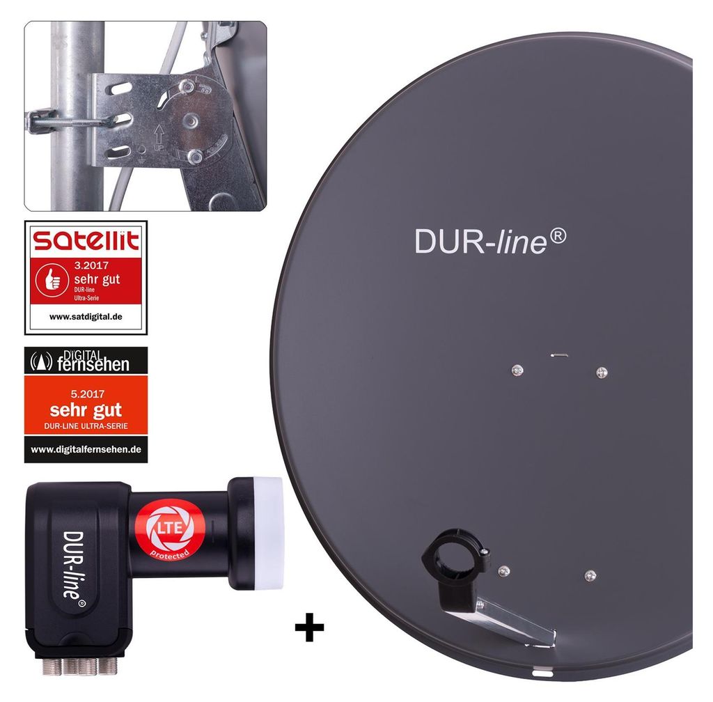 A satellite dish and LNB are displayed against a light gray background, with several marketing badges and labels.