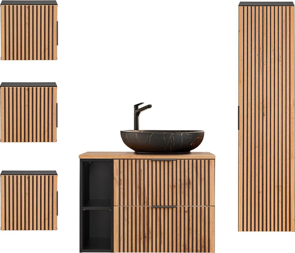 Waschtisch und Hängesäule 80.6cm Gaia mit 2 Schubladen, Eichenoptik und Schwarz