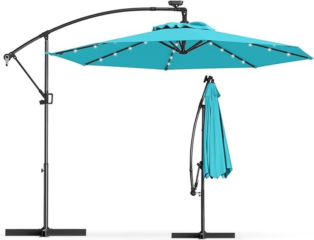 KOMFOTTEU LED Sonnenschirm 300cm x 230cm, Gartenschirm mit Handkurbel, Terrassenschirm mit Ständer 360° Rotation, Ampelschirm Knickbar Neigbar, M...