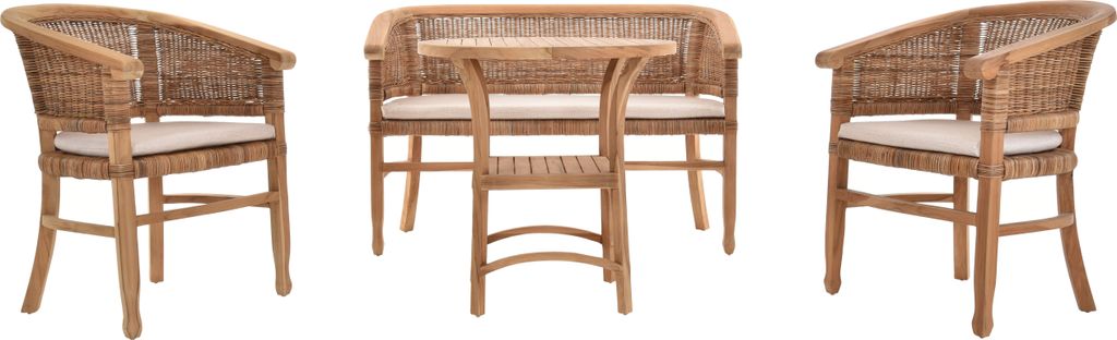 KRINES HOME Teak Wintergartenset Sitzgruppe 4 Personen 2 Teaksessel 1 Teak Zweisitzer Bank (Teak - Naturrattan)