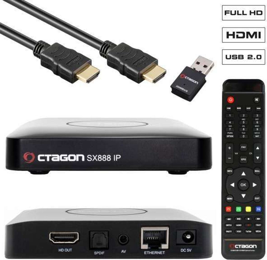 Octagon SX888 IP HEVC Full HD LAN USB H.265 TV IP m3u VOD Multimedia Box mit 300Mbit Wlan Stick