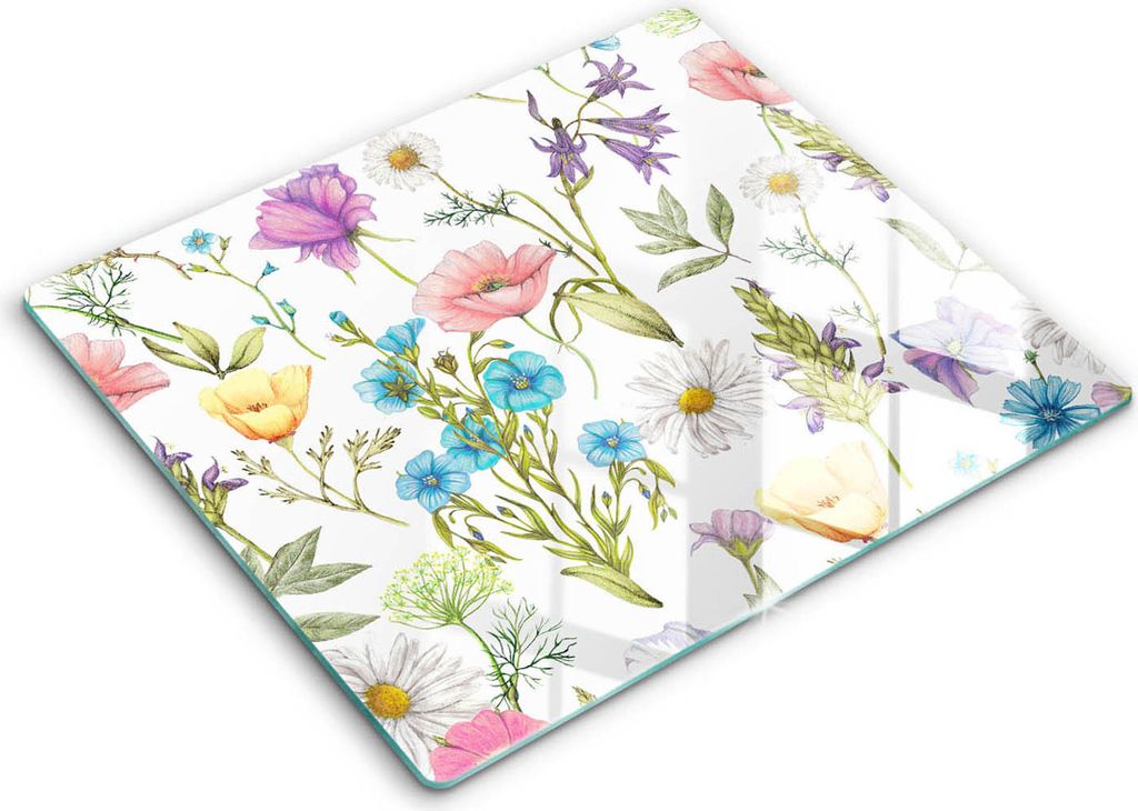Glasschneideplatte - Herdabdeckplatte - 60x52 - Schneidebrett - Spritzschutz - Blumen Illustration