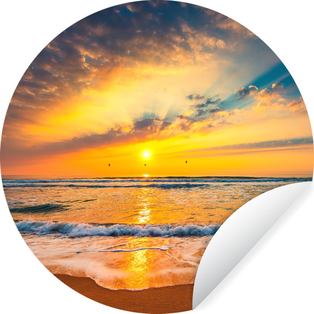 MuchoWow Runde Wandtattoo - Wandsticker Tapete Aufkleber Sonnenuntergang - Strand - Meer - Wolken - Orange Ø 100 cm Selbstklebend und Reposition...