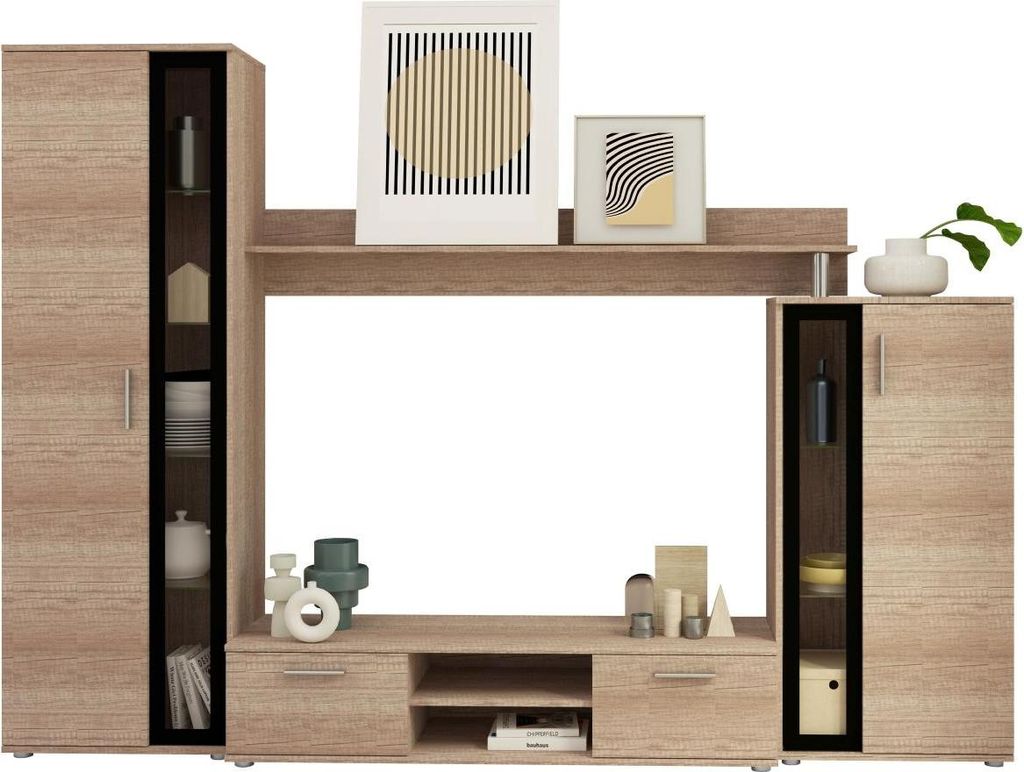 A modern media wall unit with integrated shelving and cabinets, displayed against a white background.
