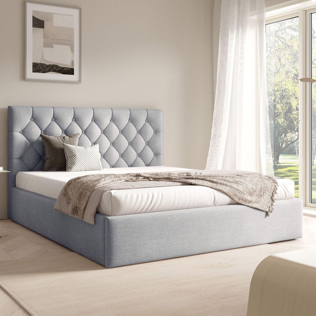 FURNISTAR Polster BEA IV mit kasten| 140x200|Doppel mit Stauraum und Lattenrost|Boxspring-Optik|ohne Matratze|Schlafzimmer - Hellgrau