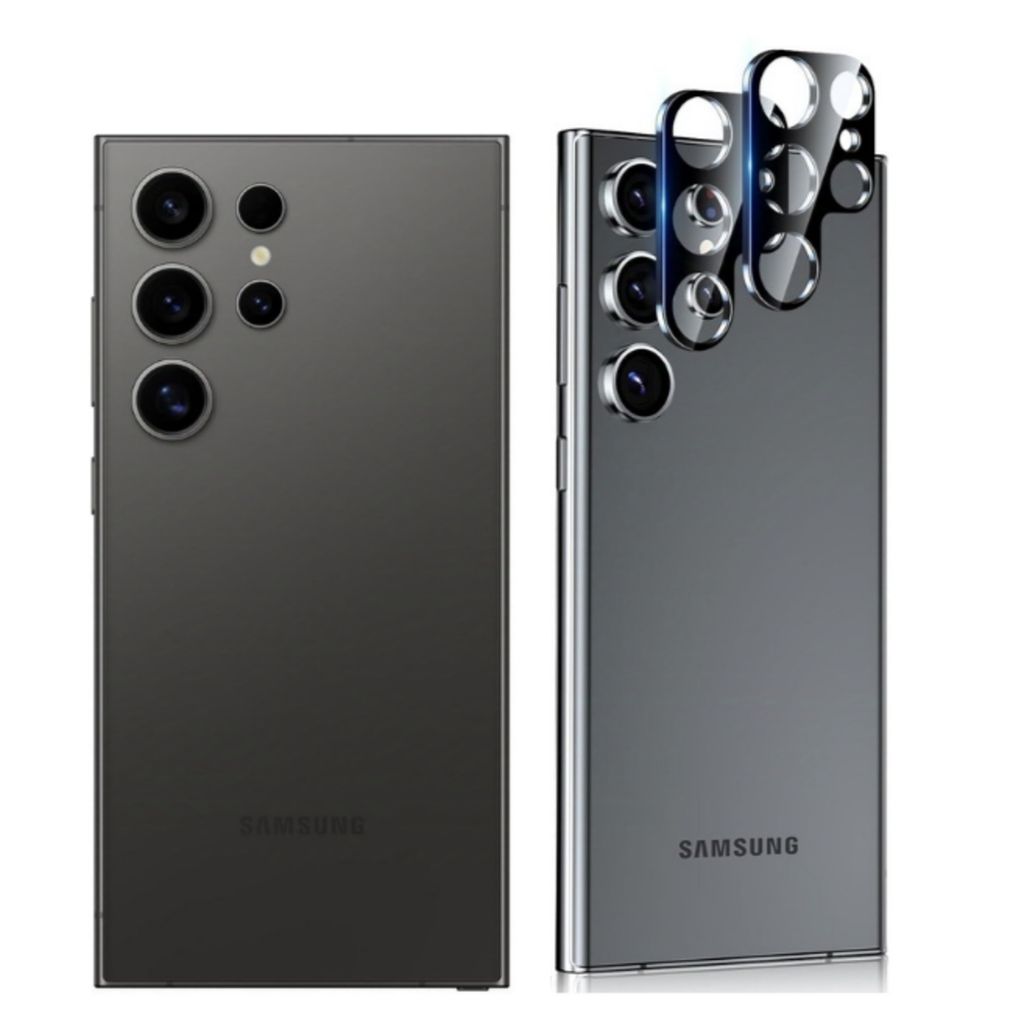 Two views of a smartphone's rear camera assembly, one showing the lenses and the other showing a protective lens cover.