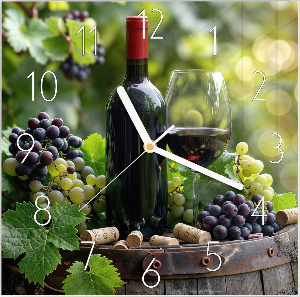 Wanduhr aus Glas mit Motiv Wein Und Trauben- 30 x 30 cm - inkl. Aufhängesystem