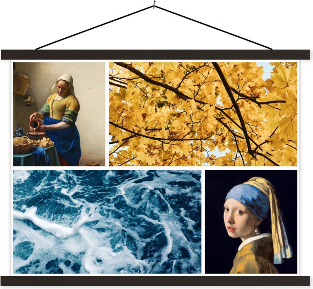 MuchoWow Textilposter Milchmädchen - Mädchen mit Perlenohrring - Collage 120x90 cm mit schwarzem Rahmen - Aufhänger für Poster