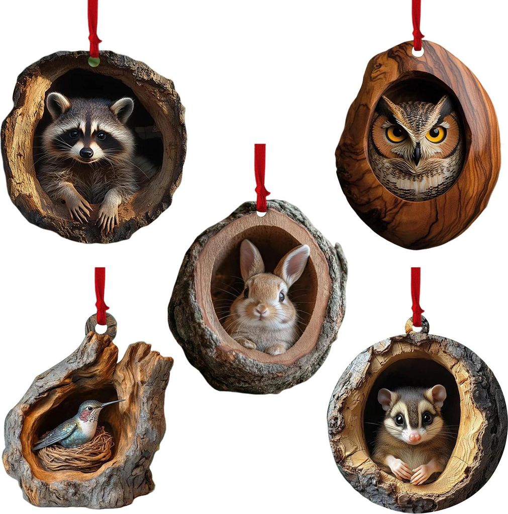 5-teiliges Set Weihnachtstier-Anhänger aus 2D-Acryl: Niedliche Wildtiere wie Waschbär, Eule, Eichhörnchen, Igel, Vogel, Baumhöhle, Holzstruktur...