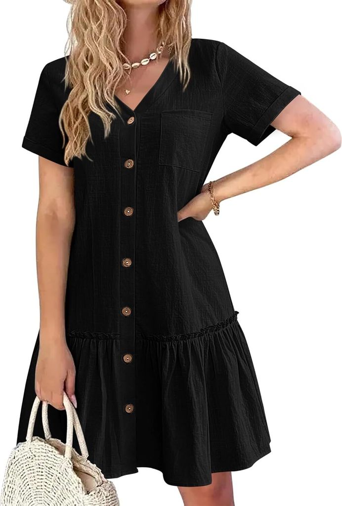 ASKSA Damen Sommerkleid Button Down Leinenkleid Strandkleid Casual V-Ausschnitt Minikleid Kurzarm A-Linie Kleid Rueschenumschlag Kleider (Schwarz,XXL)