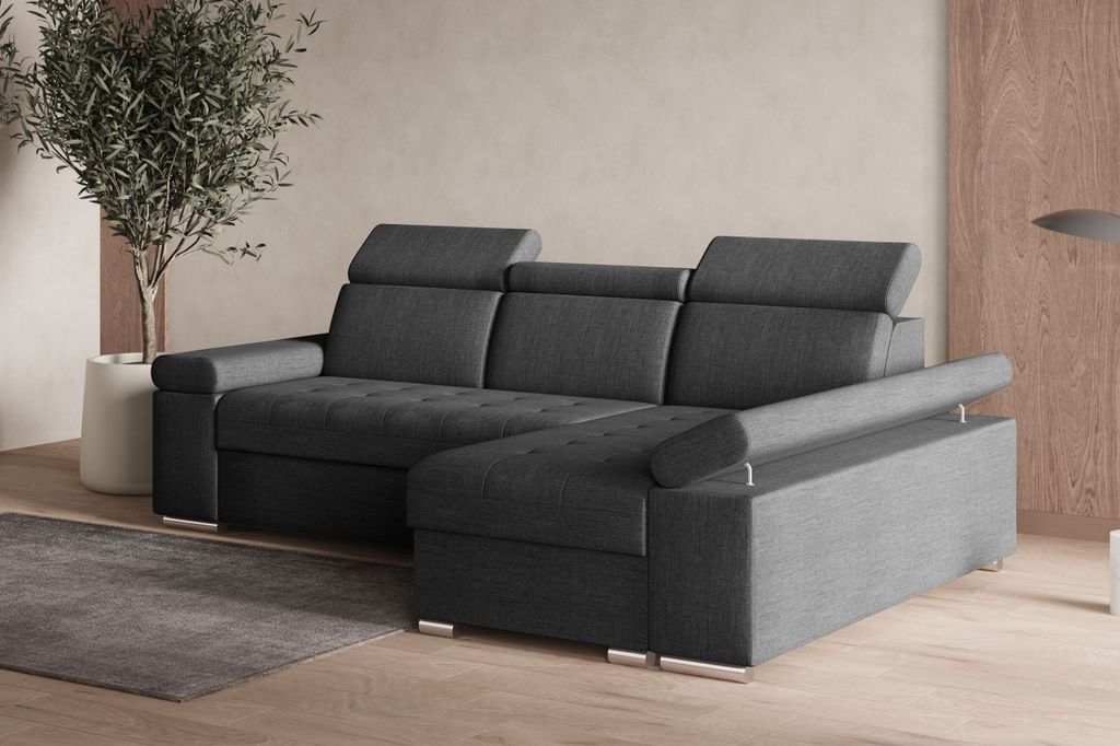 MOEBLO Ecksofa L mit Schlaffunktion, verstellbaren Kopfstützen & Bettkasten – Modernes Schlafsofa mit Stauraum - Ecksofa Luka L - Dunkelgrau (Tw...