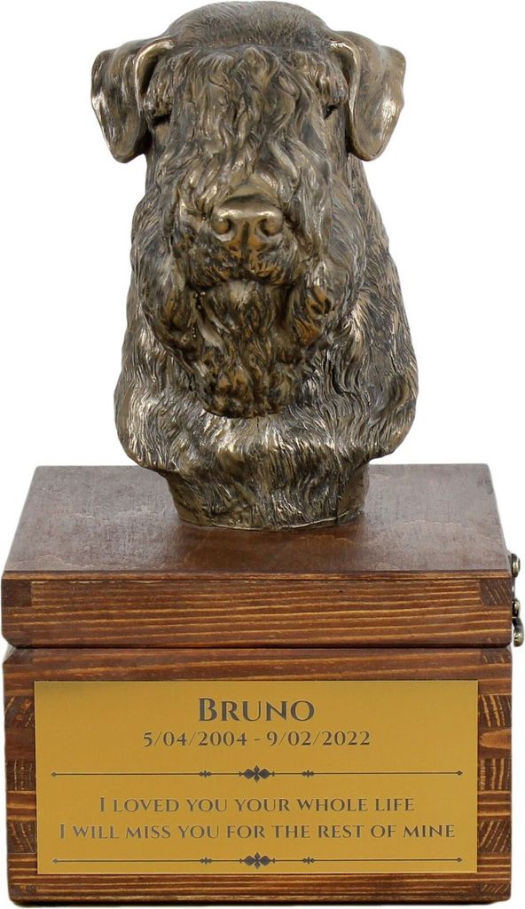 Soft-coated Wheatan Terrier - Eine Ascheurne für Hunde mit einer Statuette, eine kleine Urne für Hunde, eine personalisierte Urne mit dem Porträ...