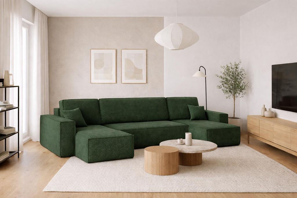 Kaiser Möbel Ecksofa mit schlaffunktion und bettkasten, Sofa U-form, Couch U-form BEST Dicker Cord Poso Grün