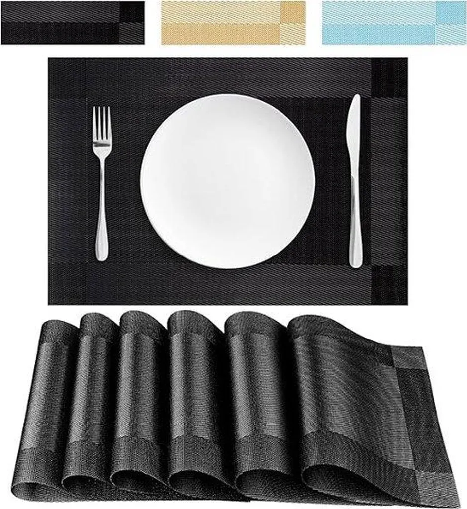 Set de table lot de 6 noir lavable en PVC tressé résistant à la chaleur