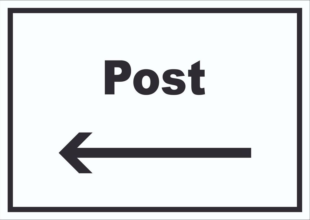 Post Schild mit Text und Richtungspfeil links Annahme Brief Paket waagerecht A3 Rückseite selbstklebend