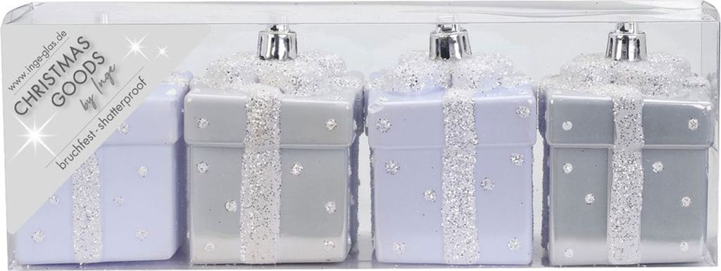 Christbaumschmuck Geschenkbox 6cm Kunststoff 4er Set - Weiß