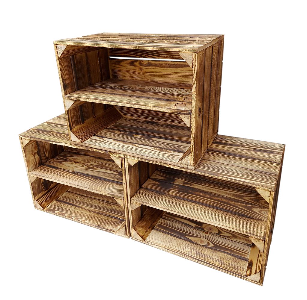 3er Vintage Holzkisten Geflammte mit Regalbrett - 40x30x24 Produktbild 