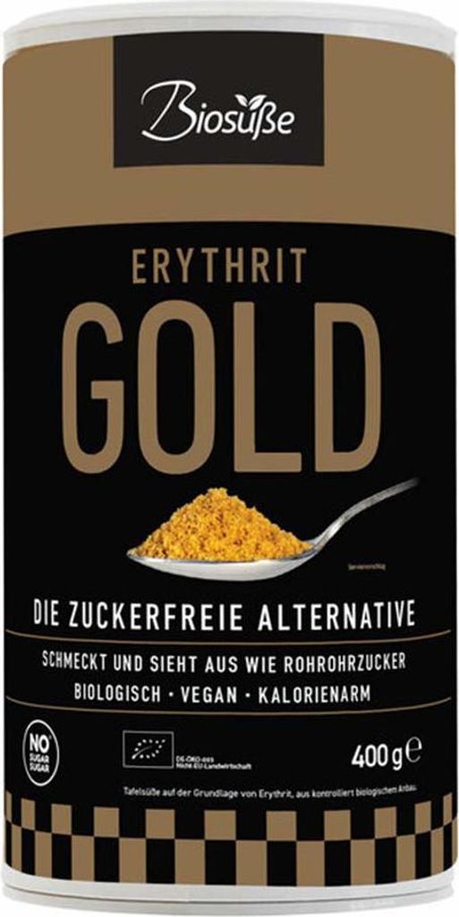 A product container for Erythrit Gold, a sugar-free alternative.