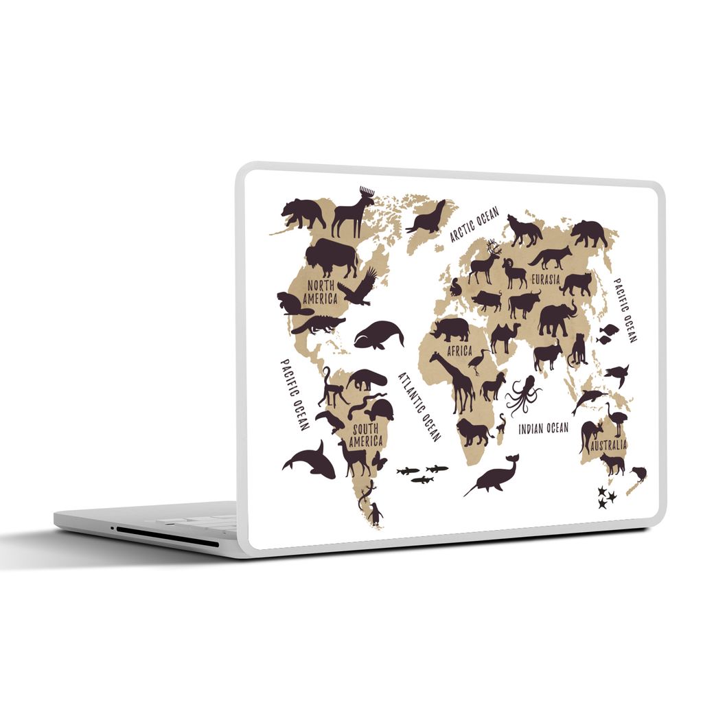 MuchoWow Laptop Aufkleber Sticker Cover Weltkarte - Braun - Tiere 30x21 cm - Sticker für Laptop - Selbstklebend