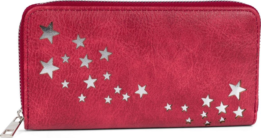 styleBREAKER Damen Portemonnaie mit Metallic Sternen | große Geldbörse mit Reißverschluss, Kartenfächern & Handyfach, Kunstleder 19 x 10 cm