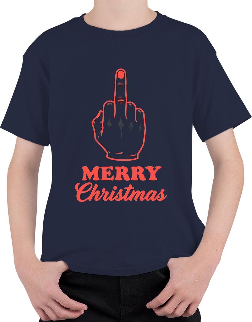 MERRY Christmas Mittelfinger frech sarkastisch Weihnachten lustig Uni Kinder T-Shirt, Navy, 140