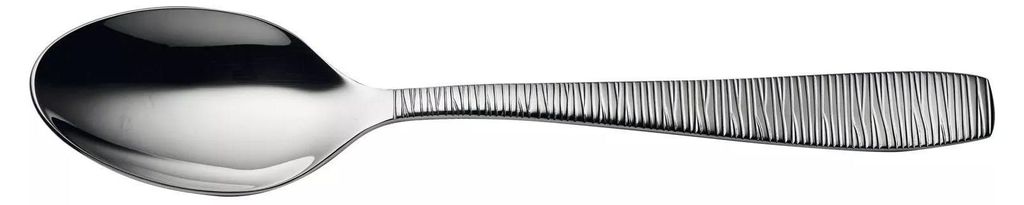 A single silver spoon on a white background.