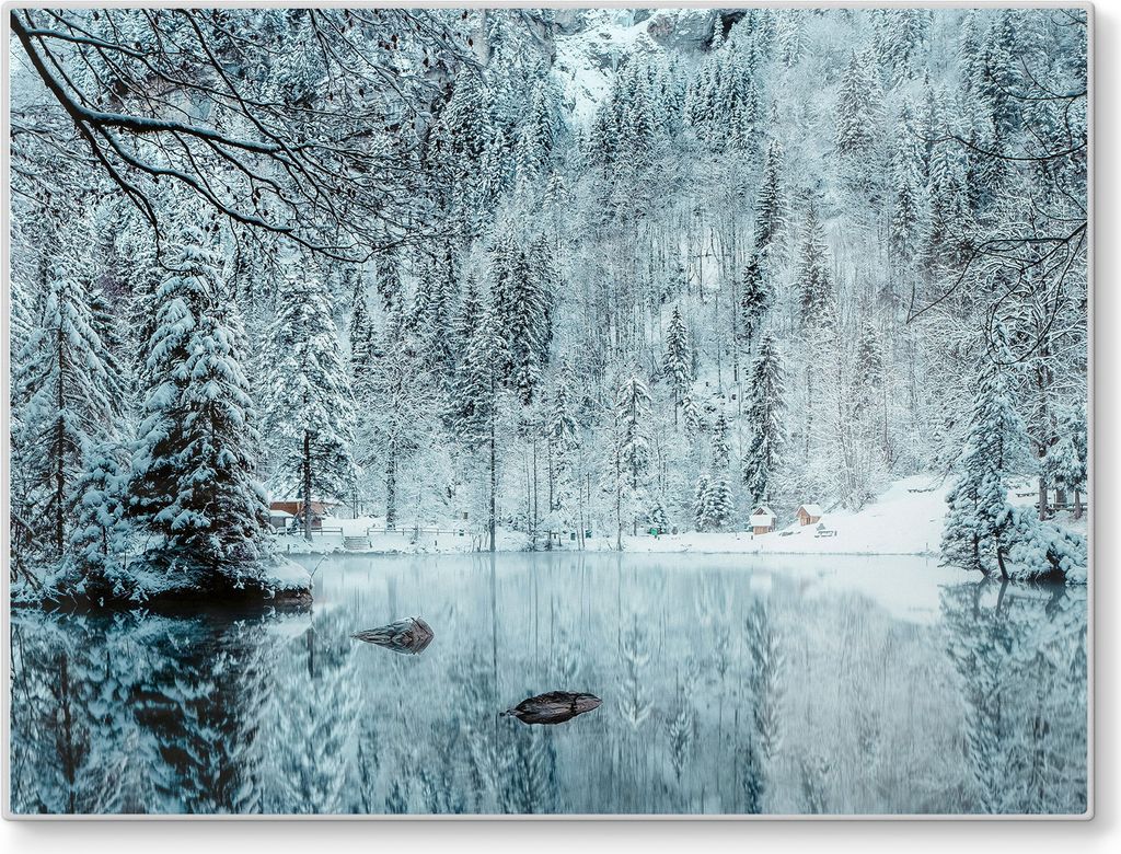 DEQORI Schneidebrett Glas 40x30 cm 'Winterspiegelung' Schneideplatte Servierplatte groß