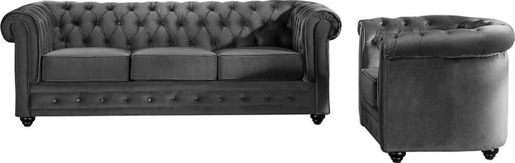CHESTERFIELD 3-Sitzer Sofa und Sessel - Anthrazitfarbener Velours