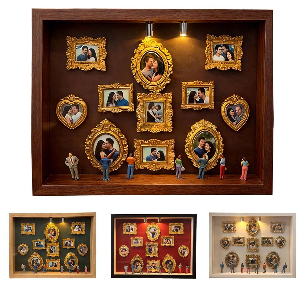 Großes Mini-Museums-Silhouette-Box-Beleuchtungs-Schattenbox-Rahmen-Set mit 8 Figuren und 11 goldenen Mini-Rahmen, individuelles Foto-Display-Set f...