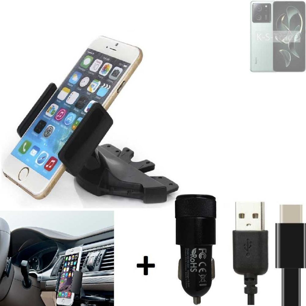 K-S-Trade CD Schlitz Handy-Halterung kompatibel mit Xiaomi Redmi K60 Ultra Autohalterung KFZ-Halter Radio Handy Halterung 360° drehbar CD-Schacht