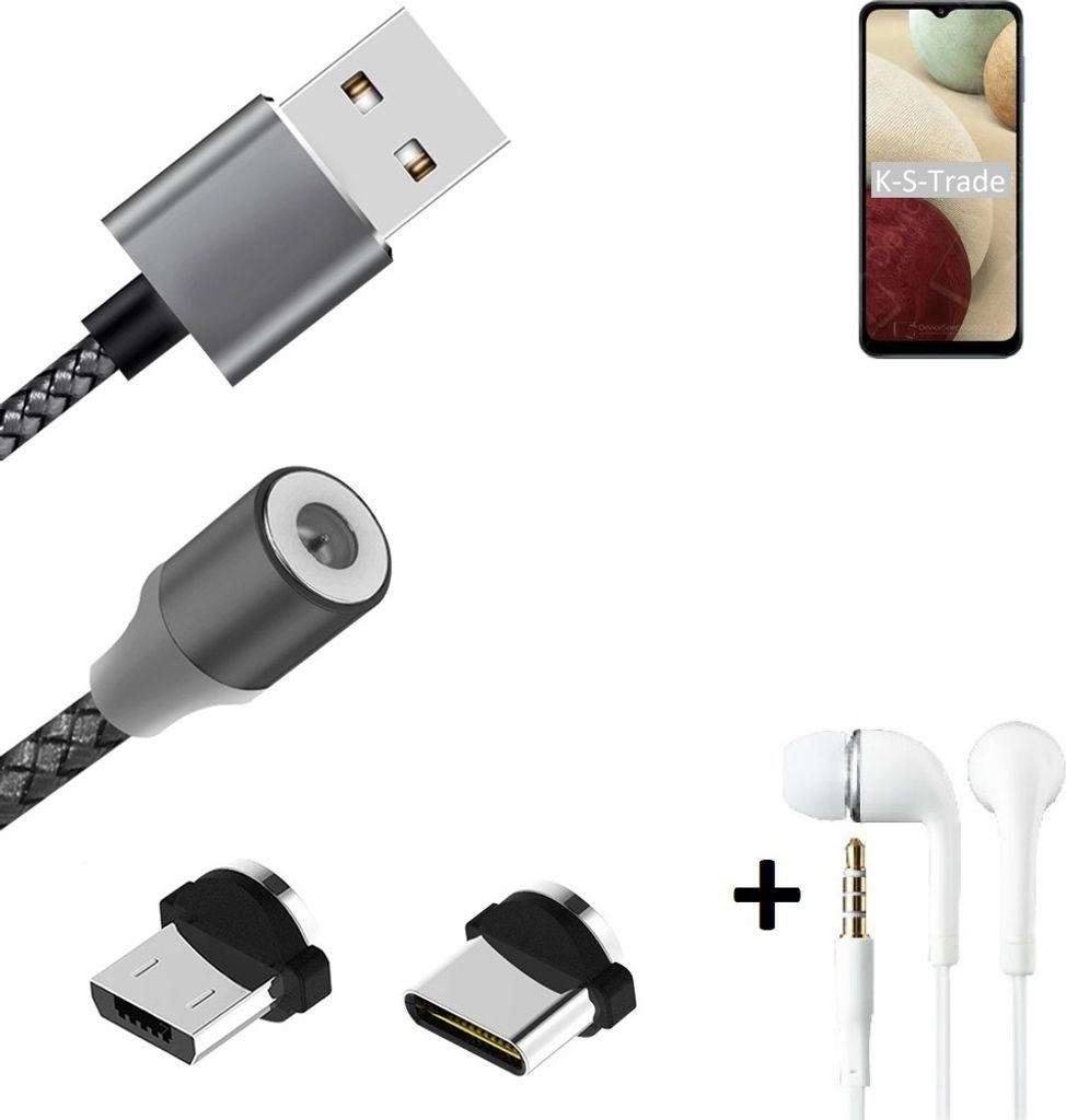 K-S-Trade Hochwertiges Magnet-Lade-kabel Sync-Kabel Daten-Kabel + Kopfhörer kompatibel mit Samsung Galaxy A12 Nacho mit USB-Typ-C-Anschluss und