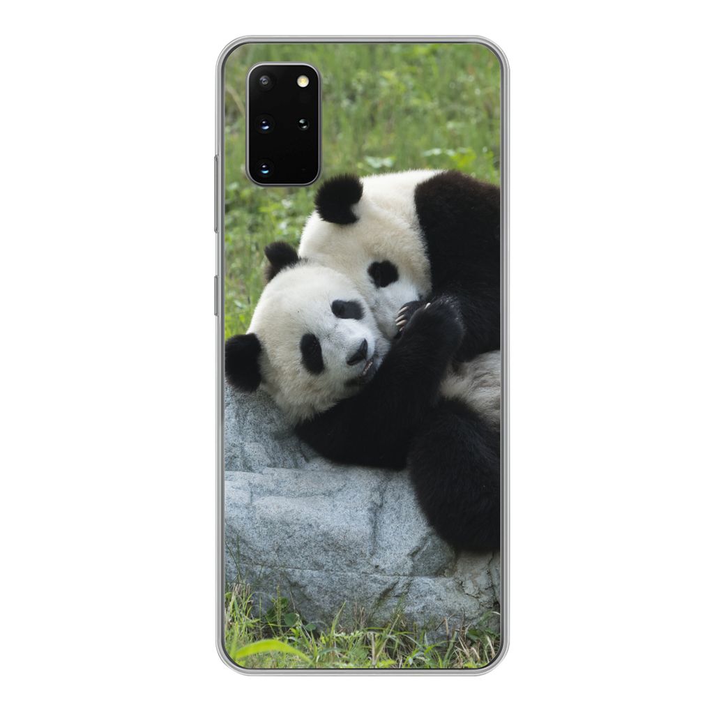 MuchoWow Handyhülle Schutzhülle Hülle für Samsung Galaxy S20 Plus Pandas - Gras - Stein Silikon Softcase Handy Hülle - Hartschale