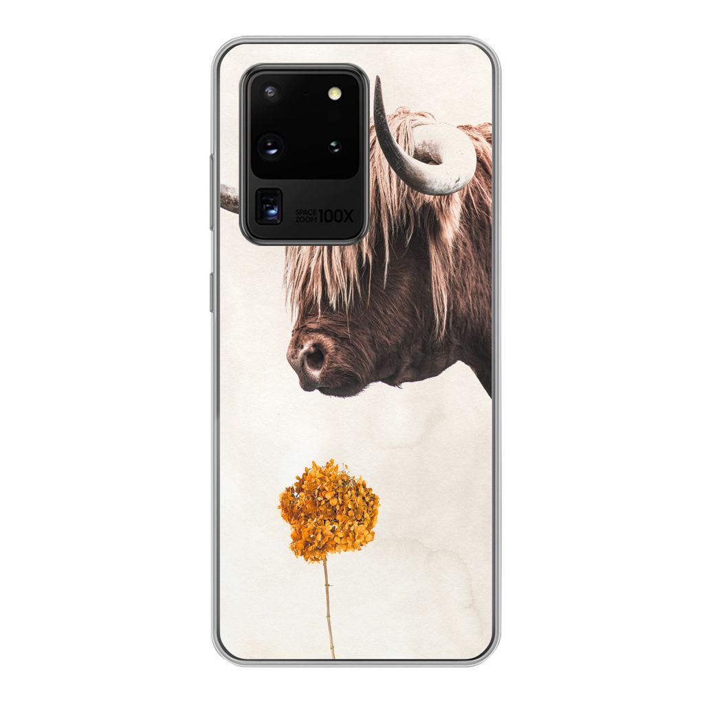 MuchoWow Handyhülle Schutzhülle Hülle für Samsung Galaxy S20 Ultra Schottischer Highlander - Vintage - Blume Silikon Softcase Handy Hülle - ...