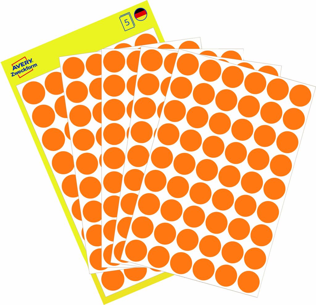 Avery Zweckform 3148, Markierungspunkte, ? 12 mm, 270 Markierungspunkte / 5 Bögen, neonorange