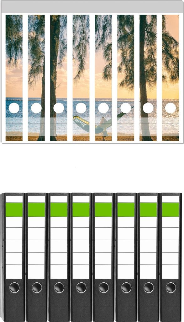 Wallario 8 Stück schmale Ordner inkl. Klebeetiketten mit Motive Chillout - Hängematte am Meer - Set mit Rückenschildern / Ordnerrücken Stickern