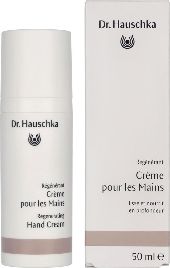 A product shot of a Dr. Hauschka Regenerating Hand Cream bottle and its packaging.
