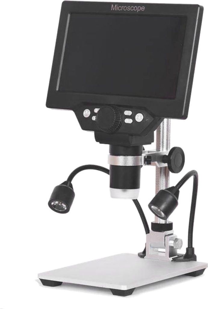 A digital microscope with a screen and lights on a stand, isolated on a white background.