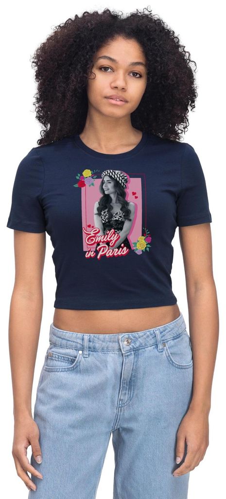 Spreadshirt Emily In Paris Emily Schwarz-Weiß Bild Mit Blumen Crop Top, S, Light Navy