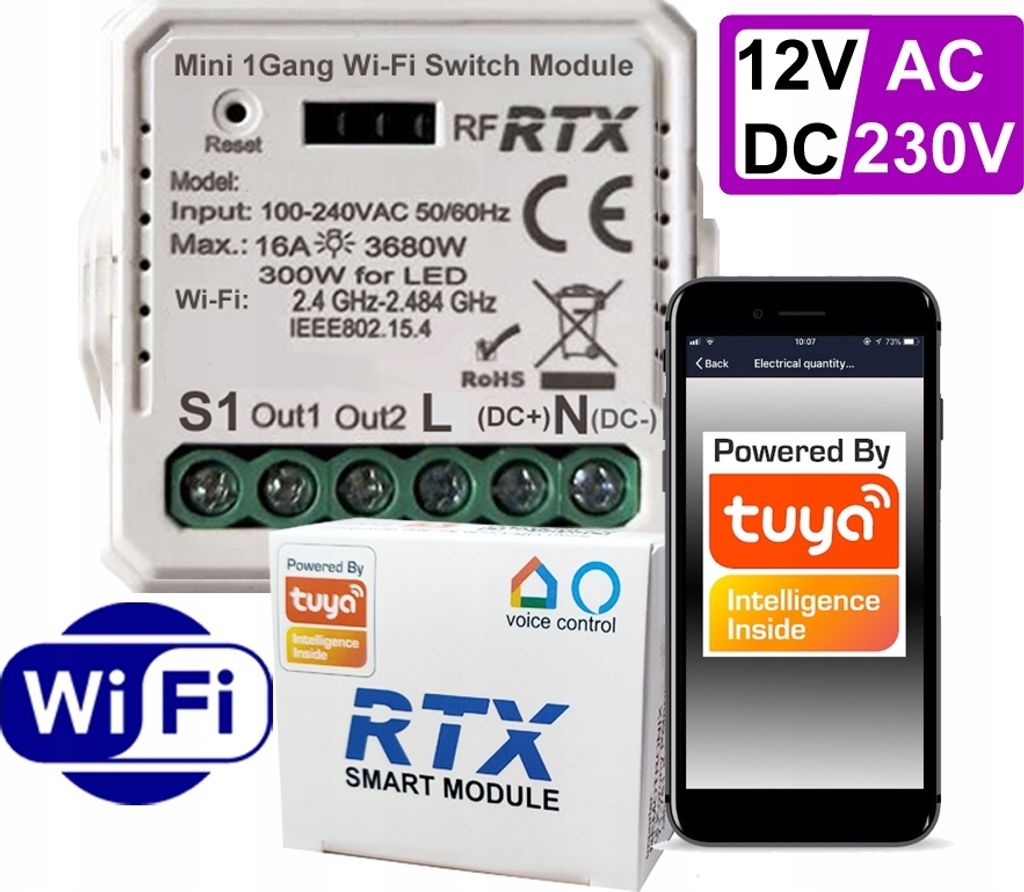 Sterownik Przekażnik BEZNAPIĘCIOWY WiFi TUYA +RF zasilanie Zdjęcie produktu 