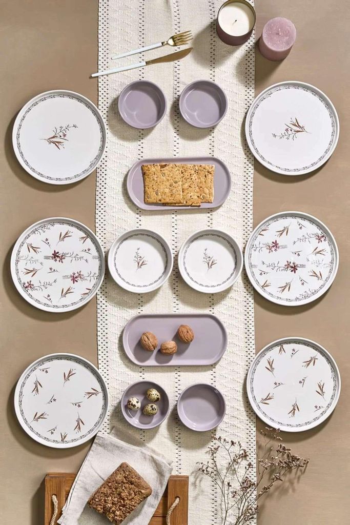 Hermia Concept, Frühstücksset (14 Teile) aus 100% Keramik, 6 Teller (20 cm), 2 Platten (22 x 11 x 3,5 cm), 4 Schalen (10,5 x 10,5 x 3,5 cm), 2 K...