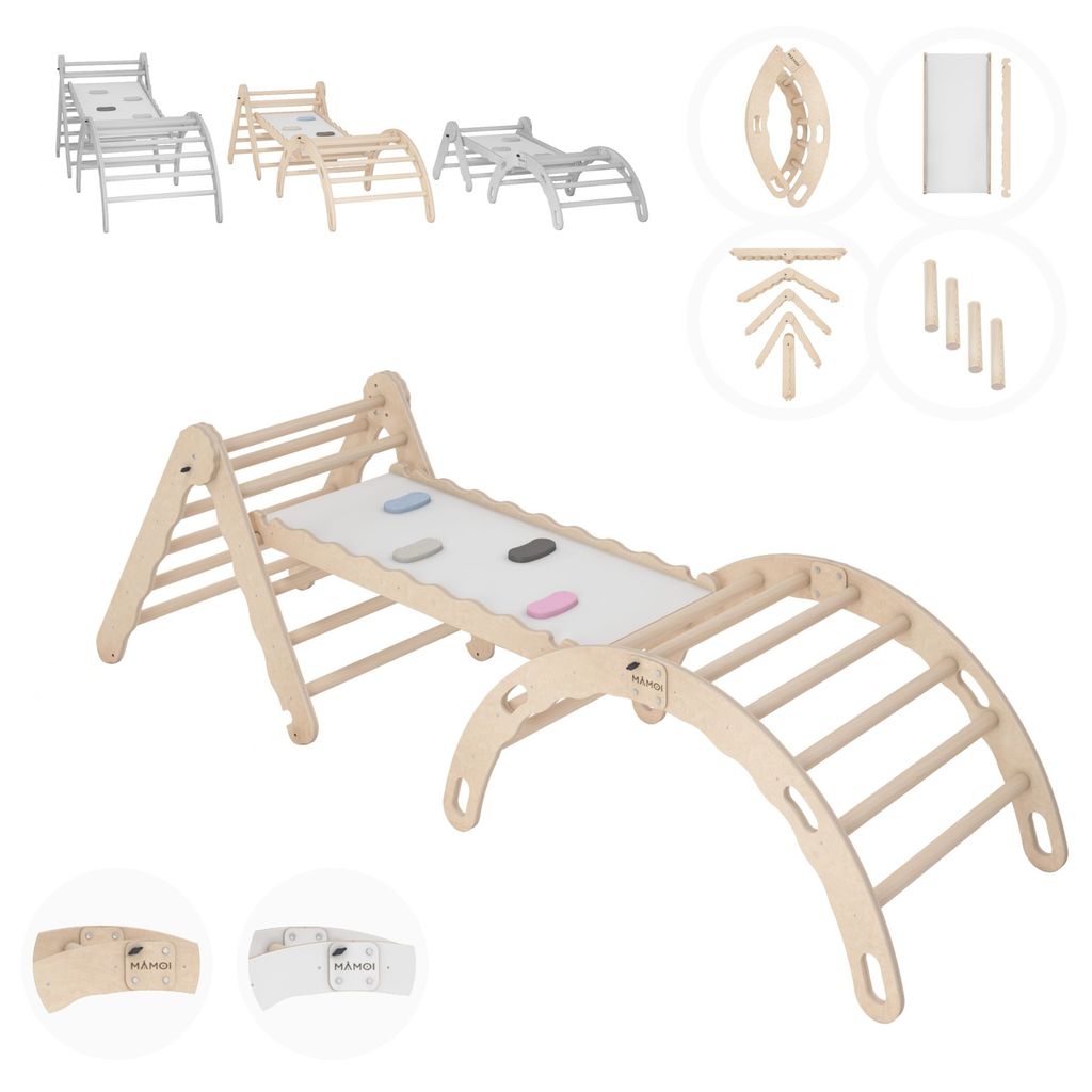 Set Klettergerüst indoor, Kletterdreieck mit rutsche aus holz, Kletterbogen, Baby kinder klettern, Regenbogenwippe mit Rutschbrett, Holzbogen