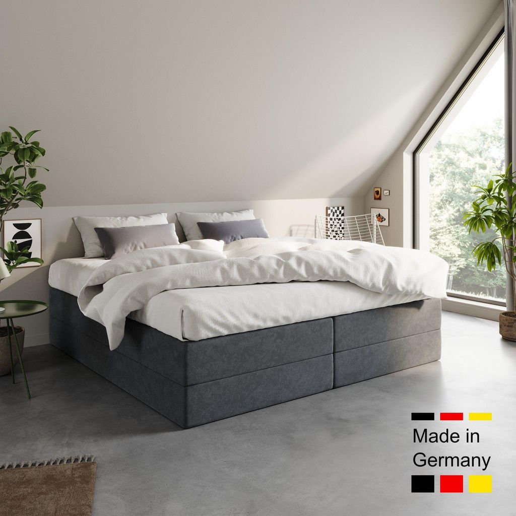Home Collective Boxspringbett Polsterbett Bett wählbare Matratze Kaltschaum H3, Micro-Velours, platzsparend ohne Kopfteil | 200x200 | Anthrazit